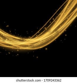 Light effect with glowing gold wavy lines and sparkles isolated on transparent special effec.. Vector illustration
