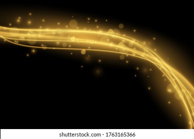 Light effect with glowing gold wavy lines and sparkles isolated on transparent special effec.. Vector illustration