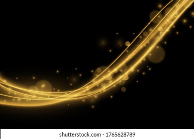 Light effect with glowing gold wavy lines and sparkles isolated on transparent special effec.. Vector illustration