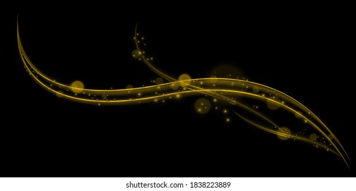 Light effect with glowing gold wavy lines and sparkles isolated on transparent special effec.. Vector illustration