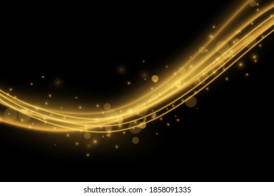 Light effect with glowing gold wavy lines and sparkles isolated on transparent special effec.. Vector illustration