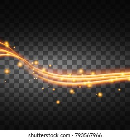 Light effect with glowing gold wavy lines and sparkles isolated on transparent special effect. Vector illustration