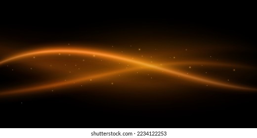 Light effect of glowing orange trail with flying particles on black background. Vector illustration. EPS 10
