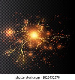 Light effect of gold lightning. PNG. Realistic flash with lightning. Electric explosion png.