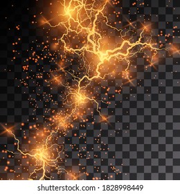 Light effect of gold lightning. PNG. Realistic flash with lightning. Electric explosion png.