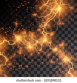 Light effect of gold lightning. PNG. Realistic flash with lightning. Electric explosion png.