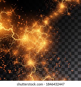 Light effect of gold lightning. PNG. Realistic flash with lightning. Electric explosion png.