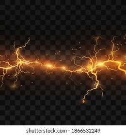 Light effect of gold lightning. PNG. Realistic flash with lightning. Electric explosion png.