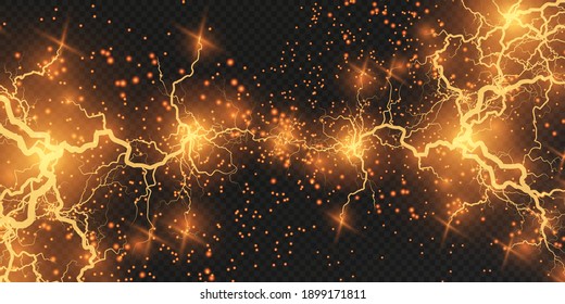 Light effect of gold lightning. PNG. Realistic flash with lightning. Electric explosion png.