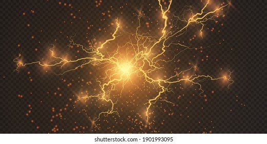 Light effect of gold lightning. PNG. Realistic flash with lightning. Electric explosion png.