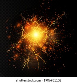 Light effect of gold lightning. PNG. Realistic flash with lightning. Electric explosion png.