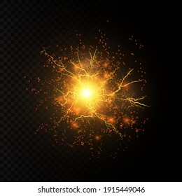 Light effect of gold lightning. PNG. Realistic flash with lightning. Electric explosion png.