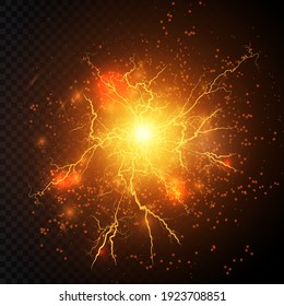 Light Effect Of Gold Lightning. PNG. Realistic Flash With Lightning. Electric Explosion Png.