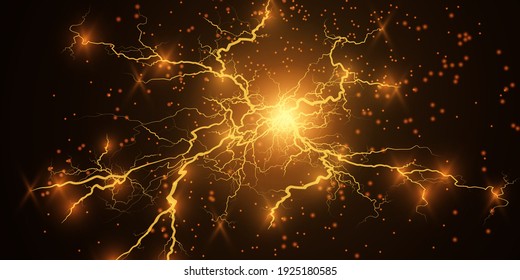 Light effect of gold lightning. PNG. Realistic flash with lightning. Electric explosion png.