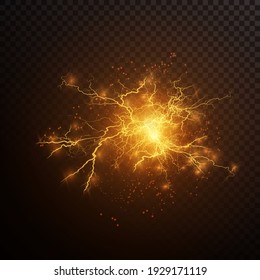 Light Effect Of Gold Lightning. PNG. Realistic Flash With Lightning. Electric Explosion Png.