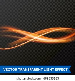 Light effect gold line swirl. Vector glowing light fire flare trace or magic glitter sparkle swirl trail effect. Bokeh light glitter wave line with sparkling particles on transparent background.