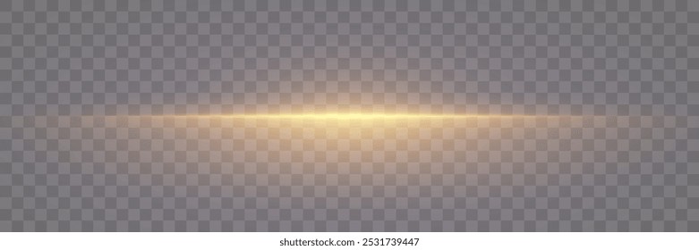 Efeito de luz. Linhas de néon dourado. E um flash de poeira, e brilho, e luz. Raios de luz horizontais a laser. Em um fundo de luz transparente.