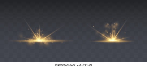 La luz, el efecto, el oro, el sol, el resplandor, la llamarada crean un haz brillante. La luz solar de PNG brilla en Overlay con brillo transparente. Abstractas PNG dorado perfecto para el cielo de verano, la fantasía y las imágenes de diseño mágico.