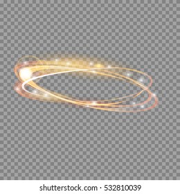 Light effect gold vector circle.Glowing light fire ring trace. Glitter magic sparkle swirl trail effect on transparent background. Bokeh light glitter round wave line with flying sparkling flash light