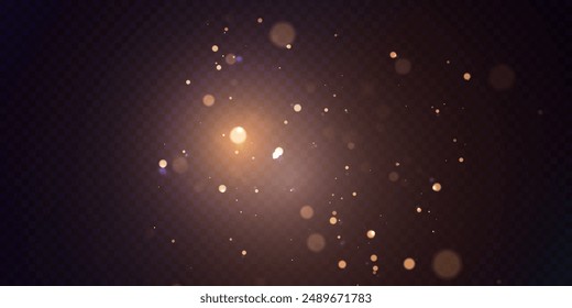 Light effect of golden bokeh of dust and glare. Glowing particles isolated on a dark transparent background. 