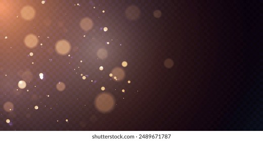 Light effect of golden bokeh of dust and glare. Glowing particles isolated on a dark transparent background. 