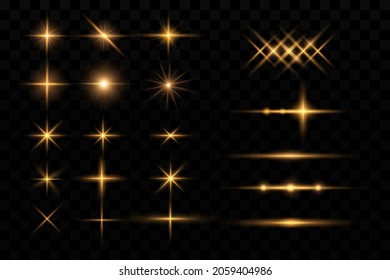 Light effect. Golden bright star, yellow sun. Starlight
