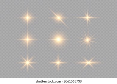 Light effect. Golden bright star, yellow sun. Starlight
