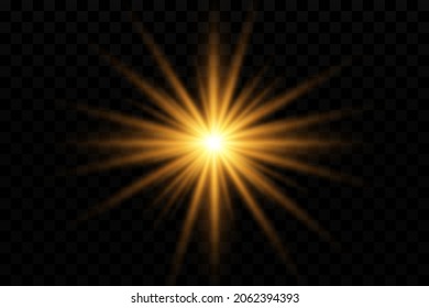 Light effect. Golden bright star, yellow sun. Starlight.