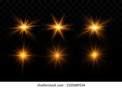 Light effect. Golden bright star, yellow sun. Starlight, shining light.