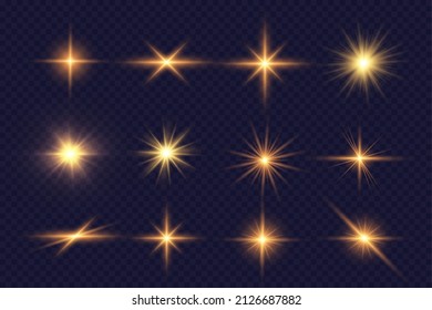 Light effect. Golden bright star, yellow sun. Starlight.