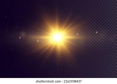 Light effect. Golden bright star, yellow sun. Starlight.
