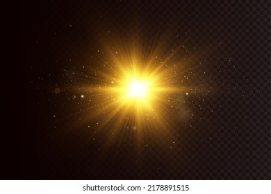 Light effect. Golden bright star, yellow sun. Starlight.