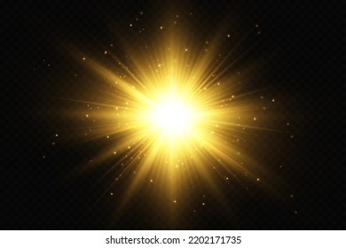 Light effect. Golden bright star, yellow sun. Starlight.