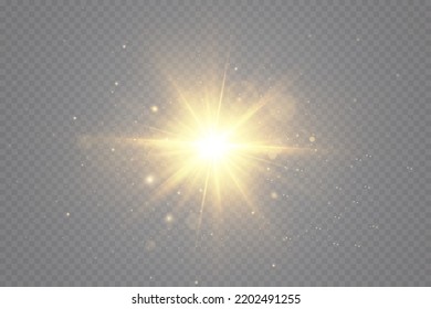 Light effect. Golden bright star, yellow sun. Starlight.