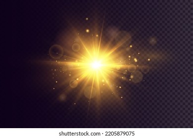 Efecto ligero. Estrella brillante dorada, sol amarillo. La luz de las estrellas.