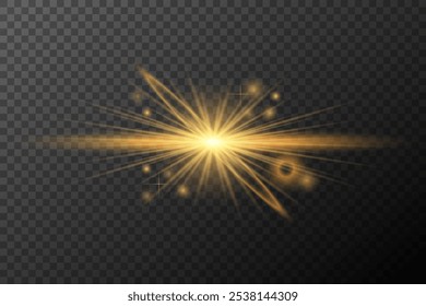 Efecto de luz Explosión de destello aislada dorada Línea de polvo brillante Luz de neón estrella de chispa solar, efecto de Vector