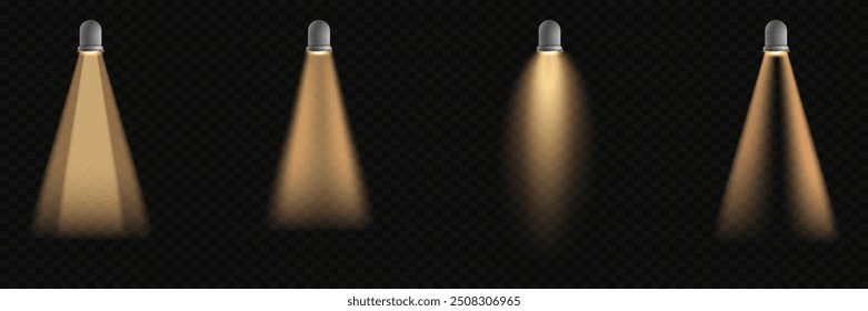 Efeito de luz com raios dourados.  Conjunto de luzes de spot isoladas no plano de fundo transparente.
