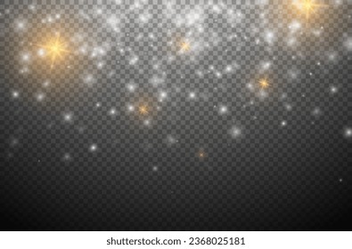 Light effect of golden and white stars and sparks. Sparkling elements on a dark transparent background. Christmas abstract pattern. Sparkling magic specks of dust. Vector illustration.