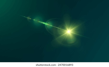 Efecto de luz de luz verde brillante. Llamarada solar. Efecto Resplandor. Estallidos con destellos. Hermoso efecto de luz de reflejos parpadeantes. Vector 10 EPS