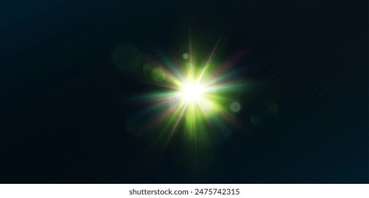 Efecto de luz de luz verde brillante. Llamarada solar. Efecto Resplandor. Estallidos con destellos. Hermoso efecto de luz de reflejos parpadeantes. Vector 10 EPS