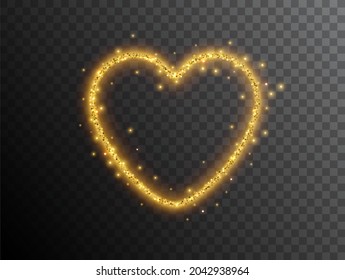 Light effect Heart shaped on a black background. Gold glowing neon Heart with luminous dust and glares.  Abstract stylish light effect