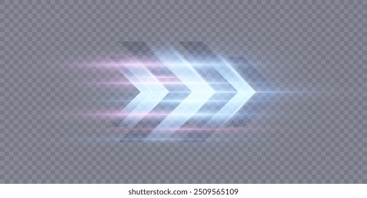 Light effect of high speed movement of light speed arrow blue glow on transparent background. Dynamic movement of high speed arrow of light energy.	
