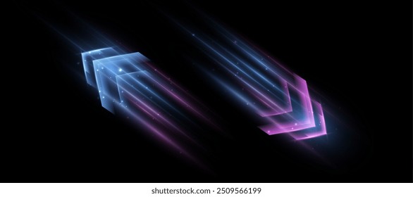 Light effect of high speed movement light high speed arrow bright purple glow. Dynamic movement of high speed arrow light energy. Vector	

