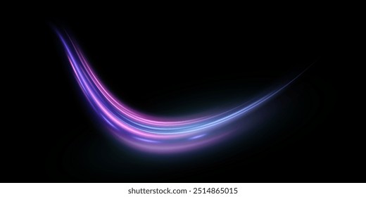 Efecto de luz del movimiento de alta velocidad de la velocidad de la luz a lo largo de una trayectoria curva de parpadeos azul-violeta brillantes. Movimiento dinámico de la energía de la luz de alta velocidad. Vector	
