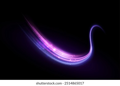 Efecto de luz del movimiento de alta velocidad de la velocidad de la luz a lo largo de una trayectoria curva de parpadeos azul-violeta brillantes. Movimiento dinámico de la energía de la luz de alta velocidad. Vector	
