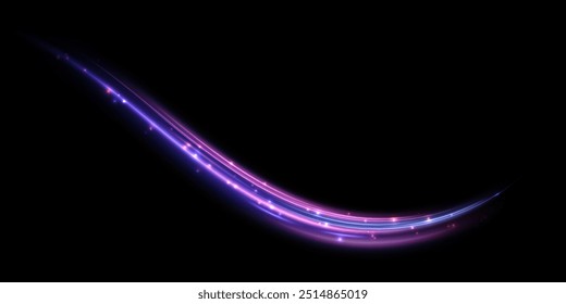 Efecto de luz del movimiento de alta velocidad de la velocidad de la luz a lo largo de una trayectoria curva de parpadeos azul-violeta brillantes. Movimiento dinámico de la energía de la luz de alta velocidad. Vector	
