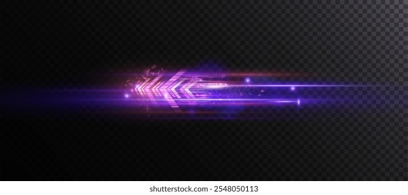 Light effect of high speed movement light high speed arrow bright purple glow. Dynamic movement of high speed arrow light energy. Vector	