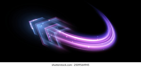 Light effect of high-speed movement of the speed of light along a curved trajectory. Dynamic movement of the high-speed arrow of light energy.	
