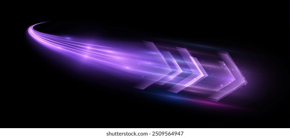 Light effect of high-speed movement of the speed of light along a curved trajectory. Dynamic movement of the high-speed arrow of light energy.	
