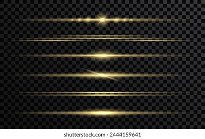 Efecto de luz y Horizontal paquete de destellos de lente. rayos láser, rayos de luz Horizontal. bellos destellos de luz. rayas brillantes sobre fondo oscuro. destellos aislados sobre fondo negro. Diseño de Vector.